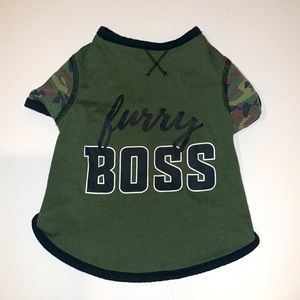 Puppy Short Sleeve Pullover ‘Furry Boss’ Top with camouflage sleeves